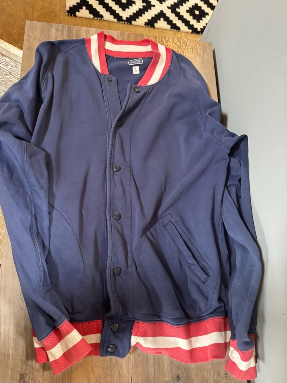 J. Crew Navy Bomber Jacket with Pink & White Ribbed Trim